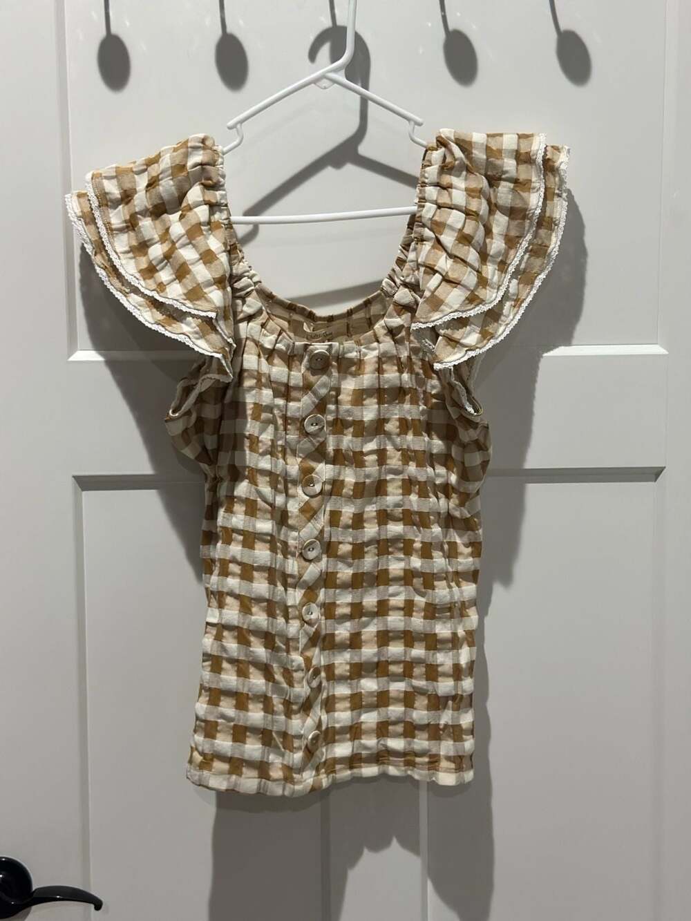 Matilda Jane Women's Gingham Ruffle Sleeve Button-Down Top Size S